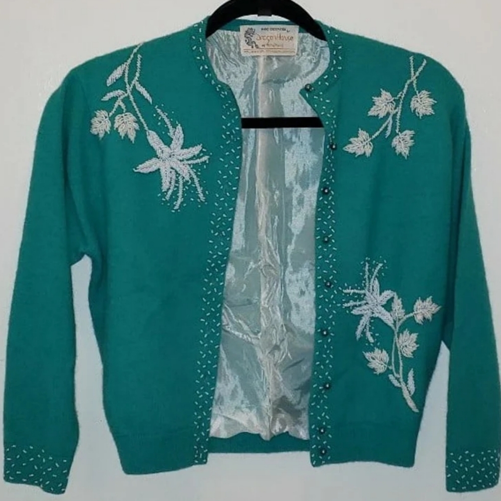 Rare MCM 1960's Hand Decorated "Dragon House" Of Hong Kong Teal Cardigan